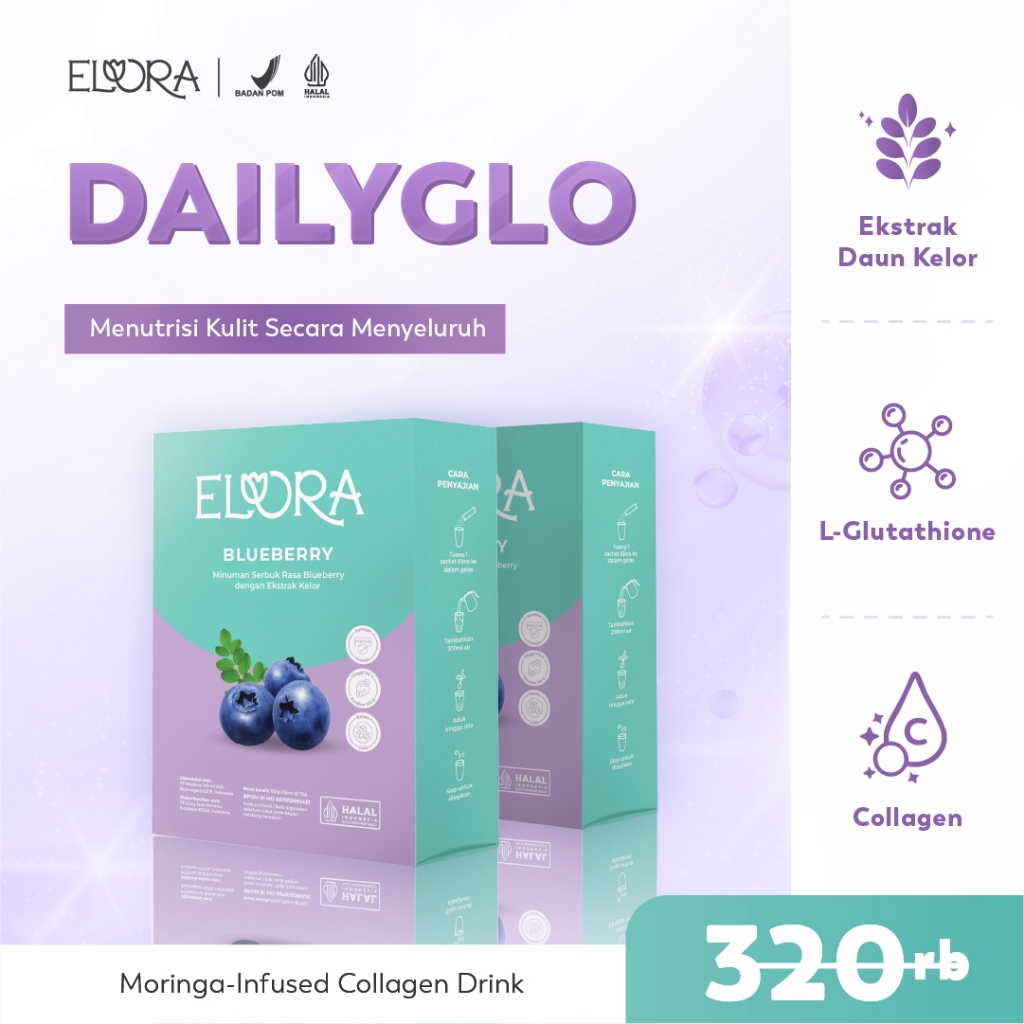 ELORA DAILYGLO Collagen Drink Blueberry - Paket Hemat 2 Box (24 Sachet) | Kulit Plumpy & Glowing | B