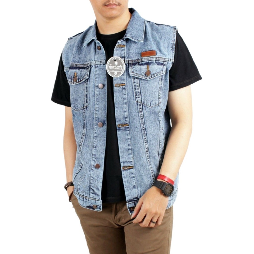 LIFESTYLE SIXTEEN - Rompi Jeans Pria Sandwash Lekmong / Jaket Rompi Kerah Denim Distro Original