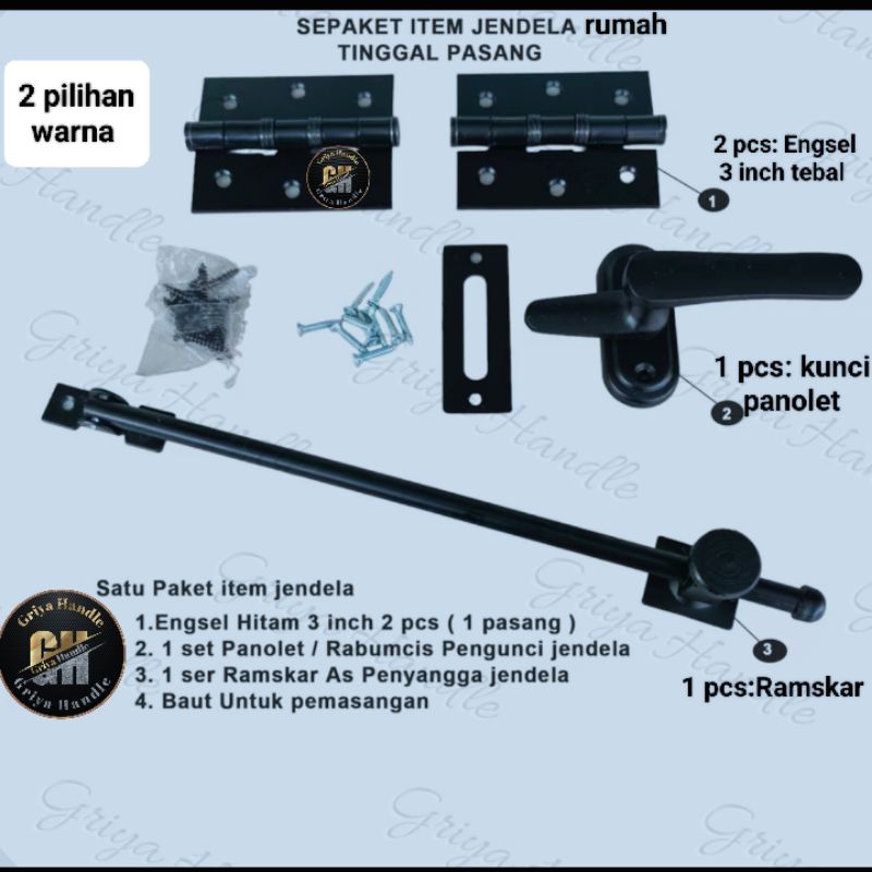 satu set kunci jendela rumah Engsel stainless tebal 3 inch warna hitam dan crowm/Rambuncis/panolet/R