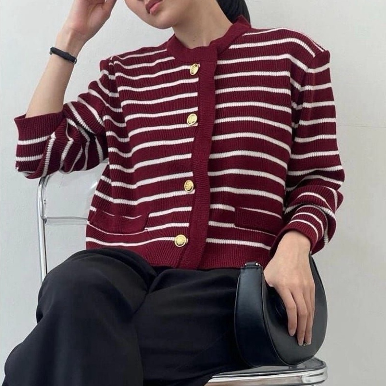HECTIC Lalisa Knit Cardy  Cardigan Stripe Wanita Bahan Rajut Tebal  Cardigan Rajut Belang Garis Blas