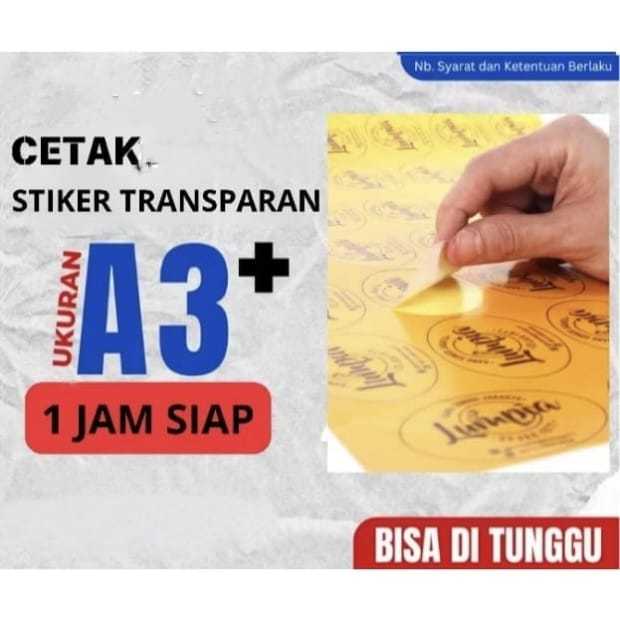 

CETAK STIKER LABEL TRANSPARAN KEMASAN A3+ + LAMINATING