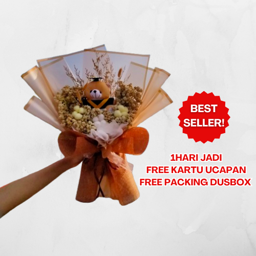 Bouqet Bucket bouket Buket Boneka wisuda mix dengan bunga Edelweis Kering ( TERSEDIA ) toga kado had