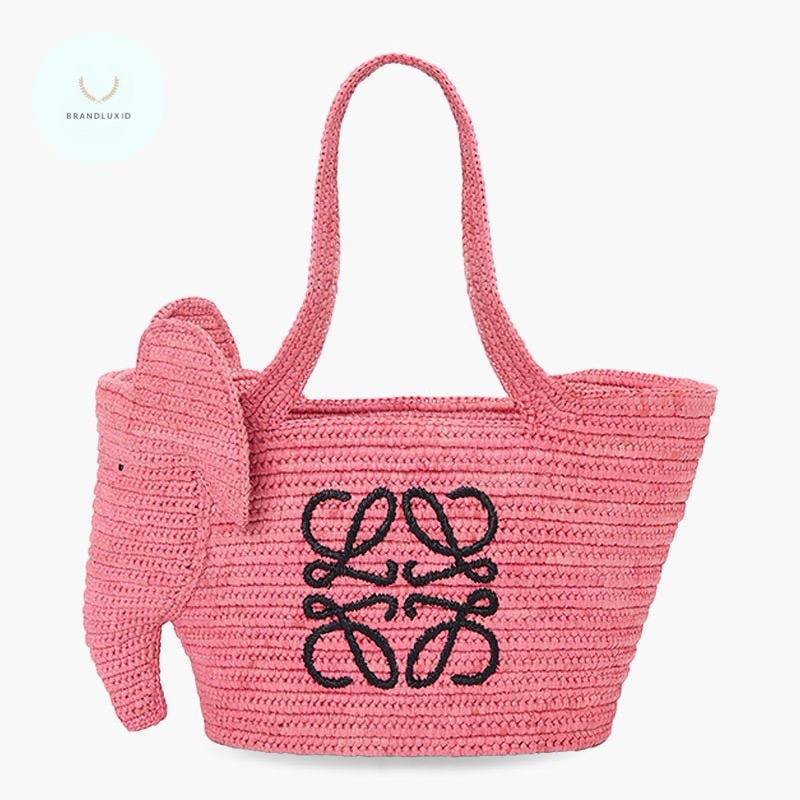 Loewe Small Elephant Basket Bag in Sunset Pink Raffia
