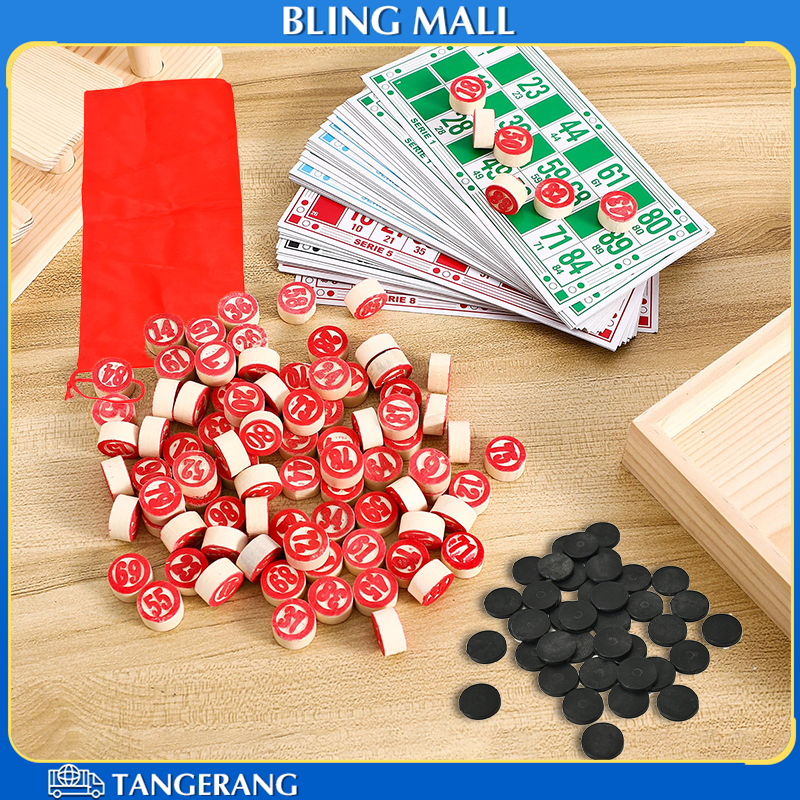 Kartu Bingo Lengkap Berkualitas Tinggi Bingo Set 48 Bingo Card, 90 Catur Kayu Dan 40 Koin