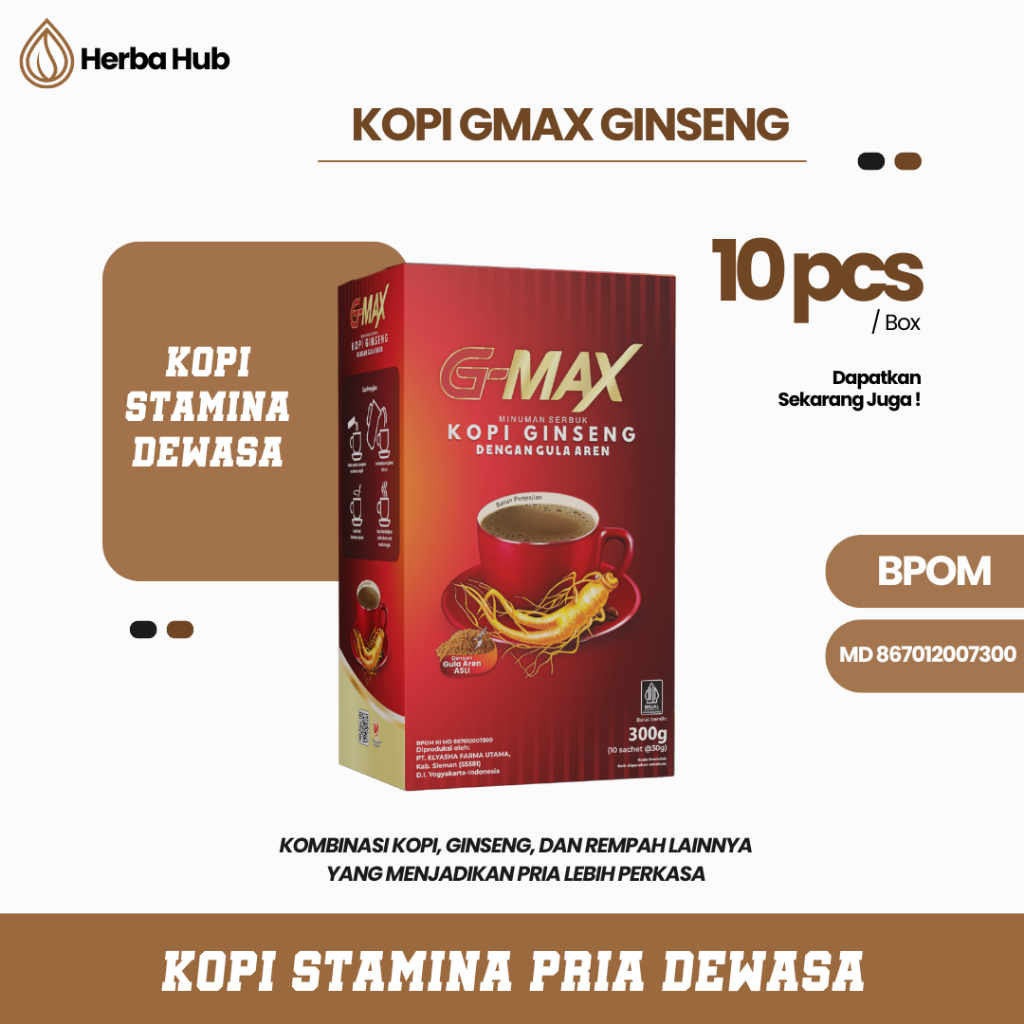 

G-MAX KOPI STAMINA GINGSENG/GINSENG RASA GULA AREN TOPCER (ISI 10pcs)