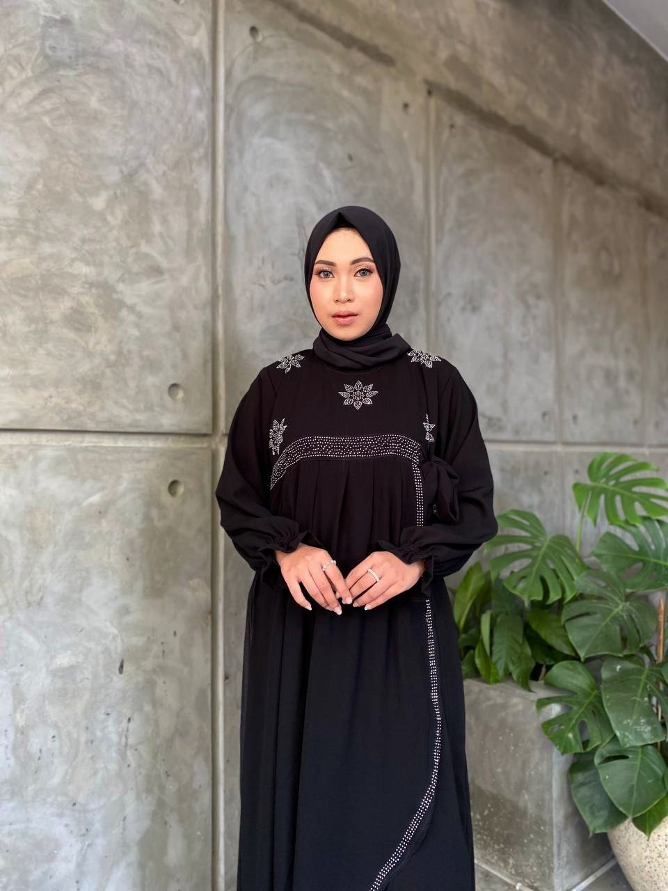 Abaya Hitam Gamis Saudi Jetblack Premium Sifon Maxy Swarovski - MELISA