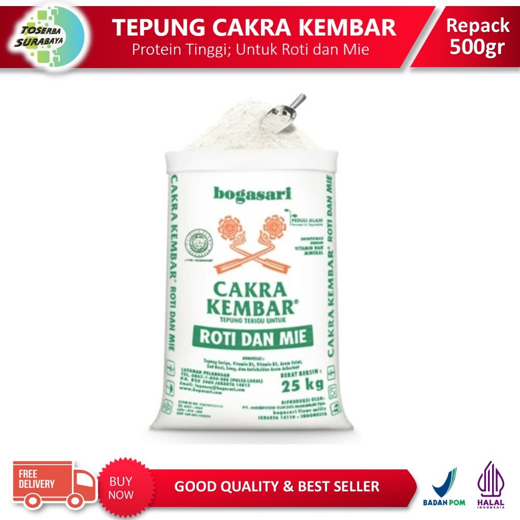 

Tepung Terigu CAKRA KEMBAR CURAH 500gr (Tepung Terigu Protein Tinggi) BEST PRICE