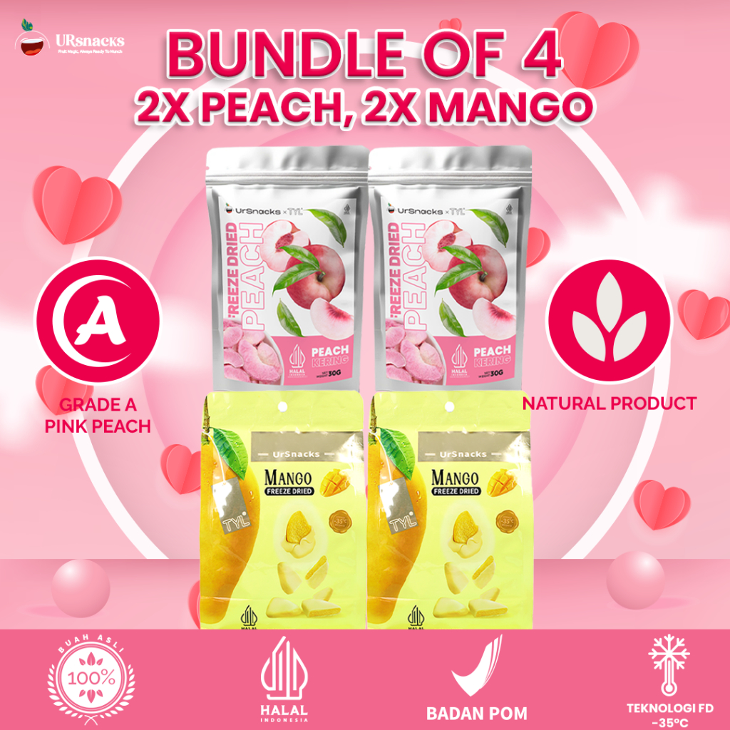 

URSNACKS Bundle Of 4 - 2Pcs Freeze Dried Peach 30gr - 2Pcs Freeze Dried Mango 32gr - Snack Keripik Buah Asli HALAL BPOM