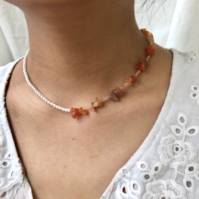 Kalung Batu Pecah Kombinasi Mutiara Kecil | Aksesories Wanita Lucu