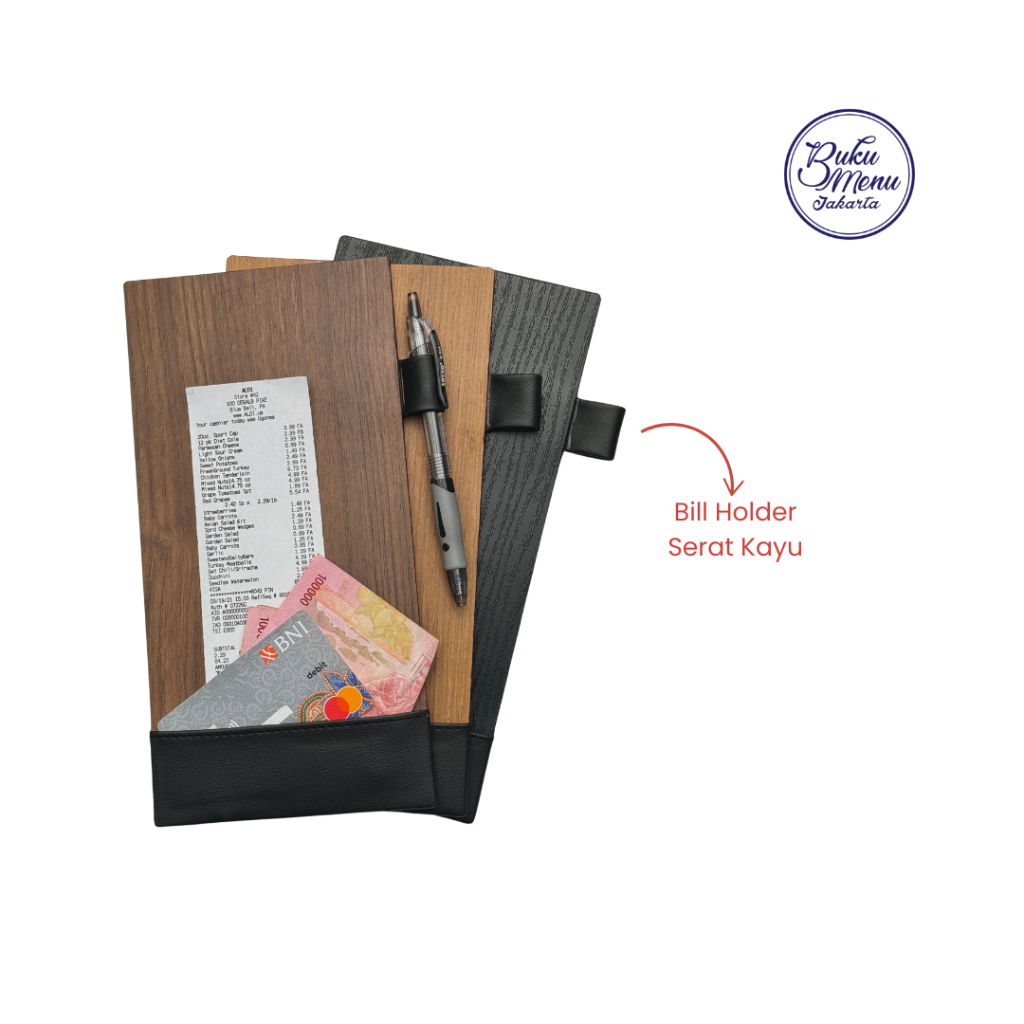 

Buku Menu Jakarta - Bill Holder Kayu Vinyl Kantong + Pen Holder Coklat Muda, Coklat Tua, Hitam - Cafe, Coffee Shop, Restoran, Hotel