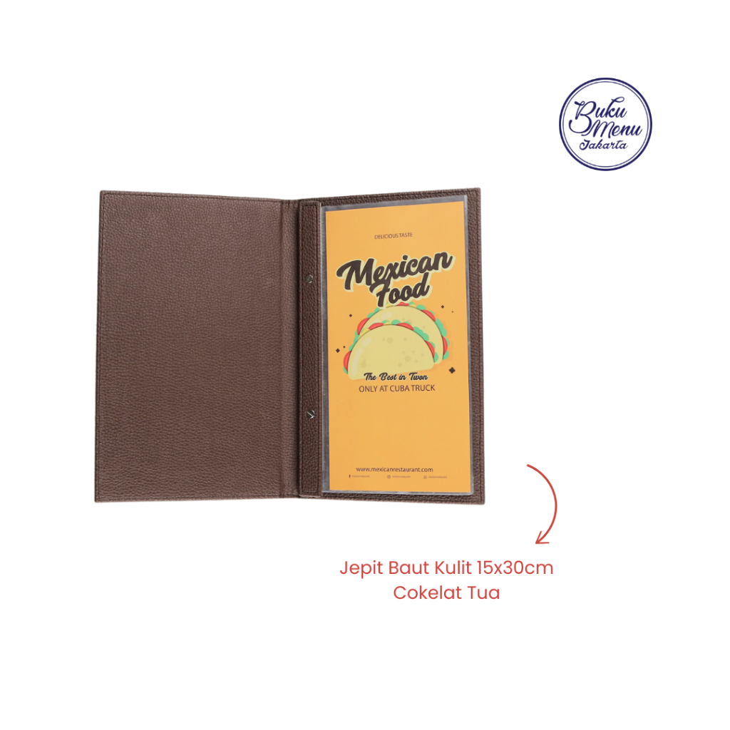 

Buku Menu Jakarta - Buku Menu Kulit Premium Jepit Baut Isi Plastik Mika 15x30cm Coklat tua - Cafe, Coffee Shop, Restoran, Hotel