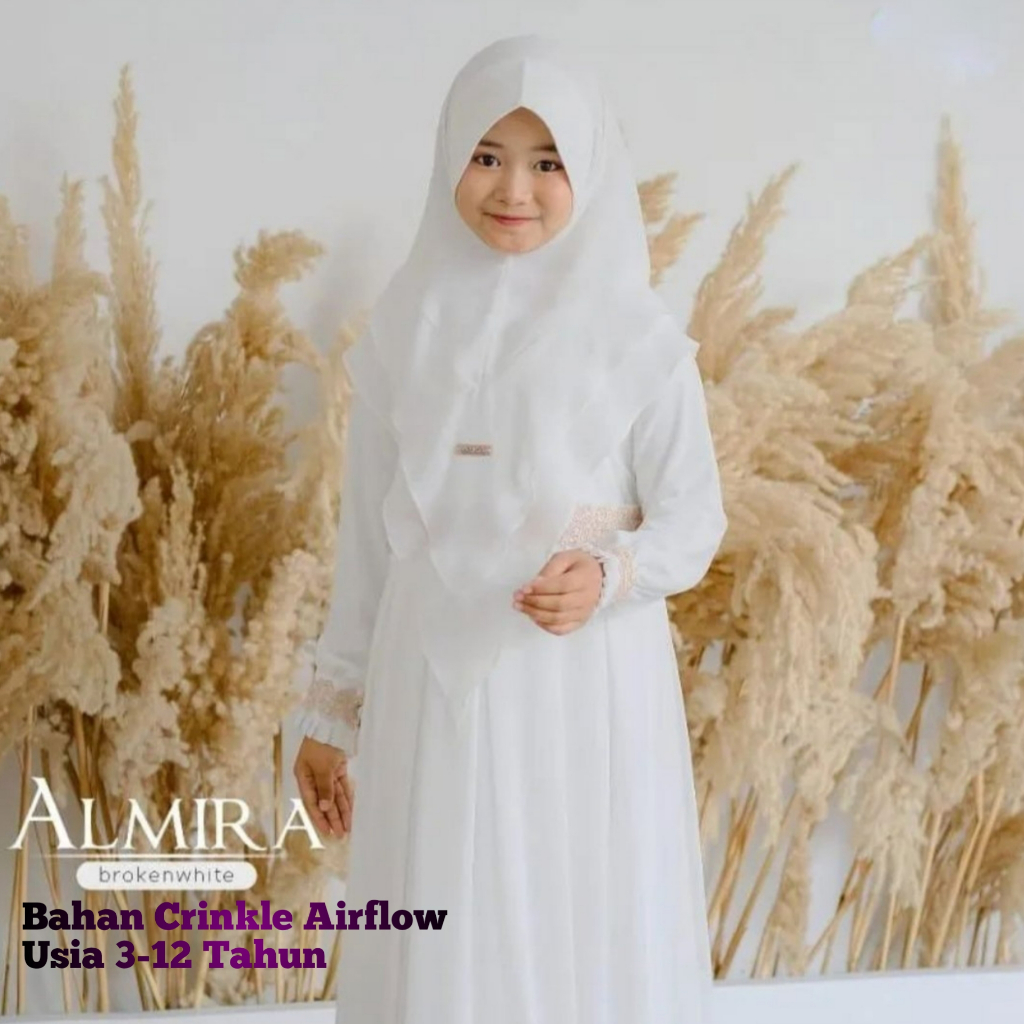 Gamis Syar'i Anak Almira kids Untuk Usia 3-12 Tahun Berbahan Crinkle Airflow Mix Renda Import