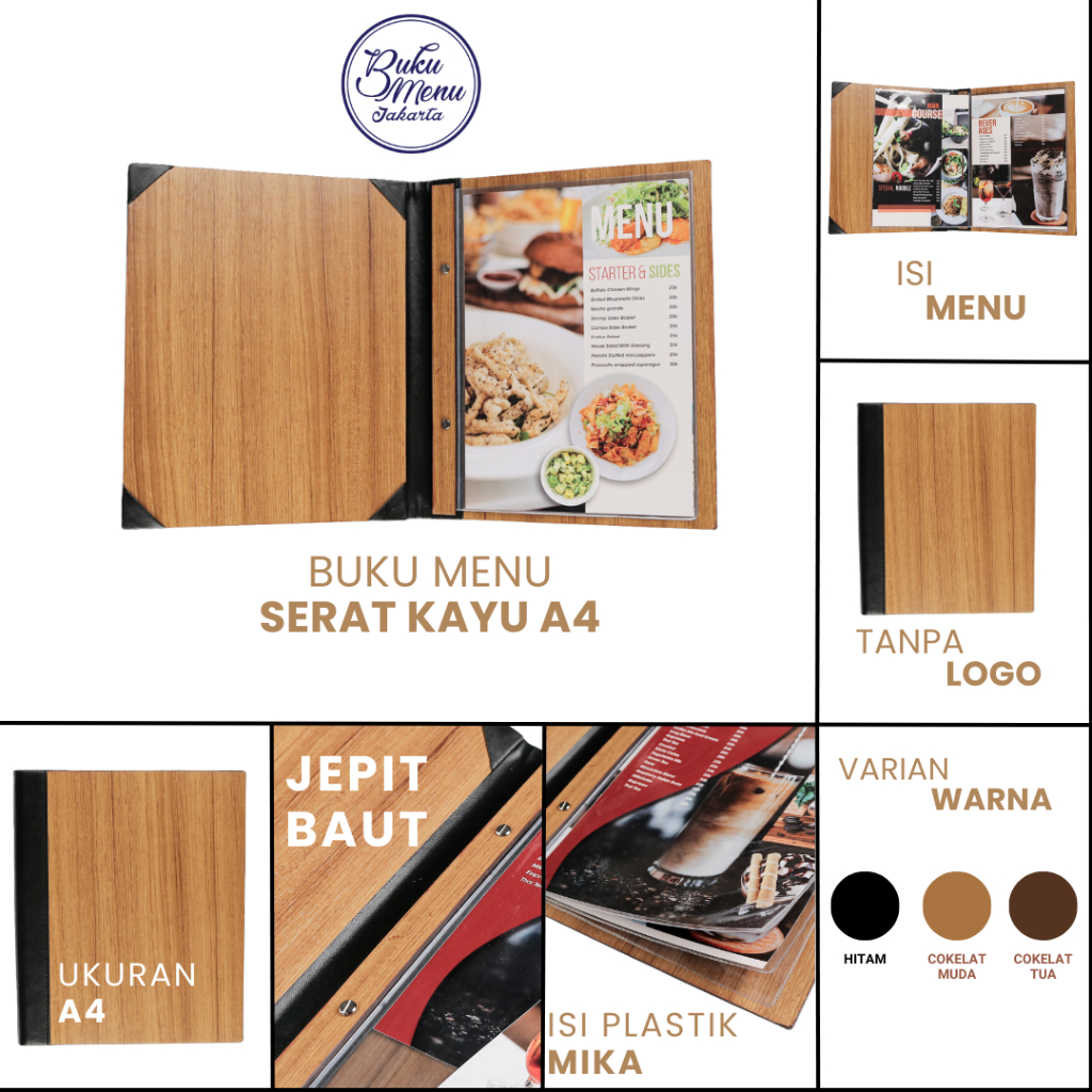 

InJO Buku Menu Jakarta - Buku Menu Kayu Vinyl Jepit Baut Isi Plastik Mika A4 dan 15x30 Hitam, Coklat