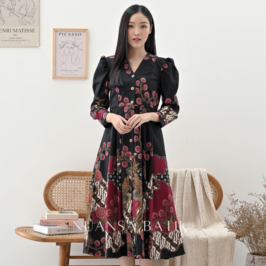 HJ6 Nuansa Batik Dress Batik Midi Lengan Panjang Bahan Katun Stretch