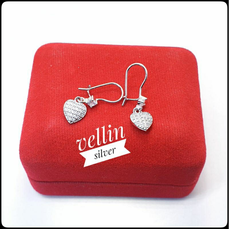 Anting Anting Love Silver 925 Lapis Emas Putih - Anting Perak Wanita Model Hati 925 Asli Antikarat