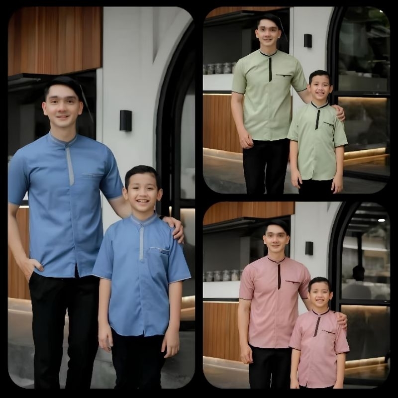 Baju Koko Couple Ayah dan Anak Warna Putih Biru Muda Bahan Katun Toyobo Import Grade A - Baju Koko L