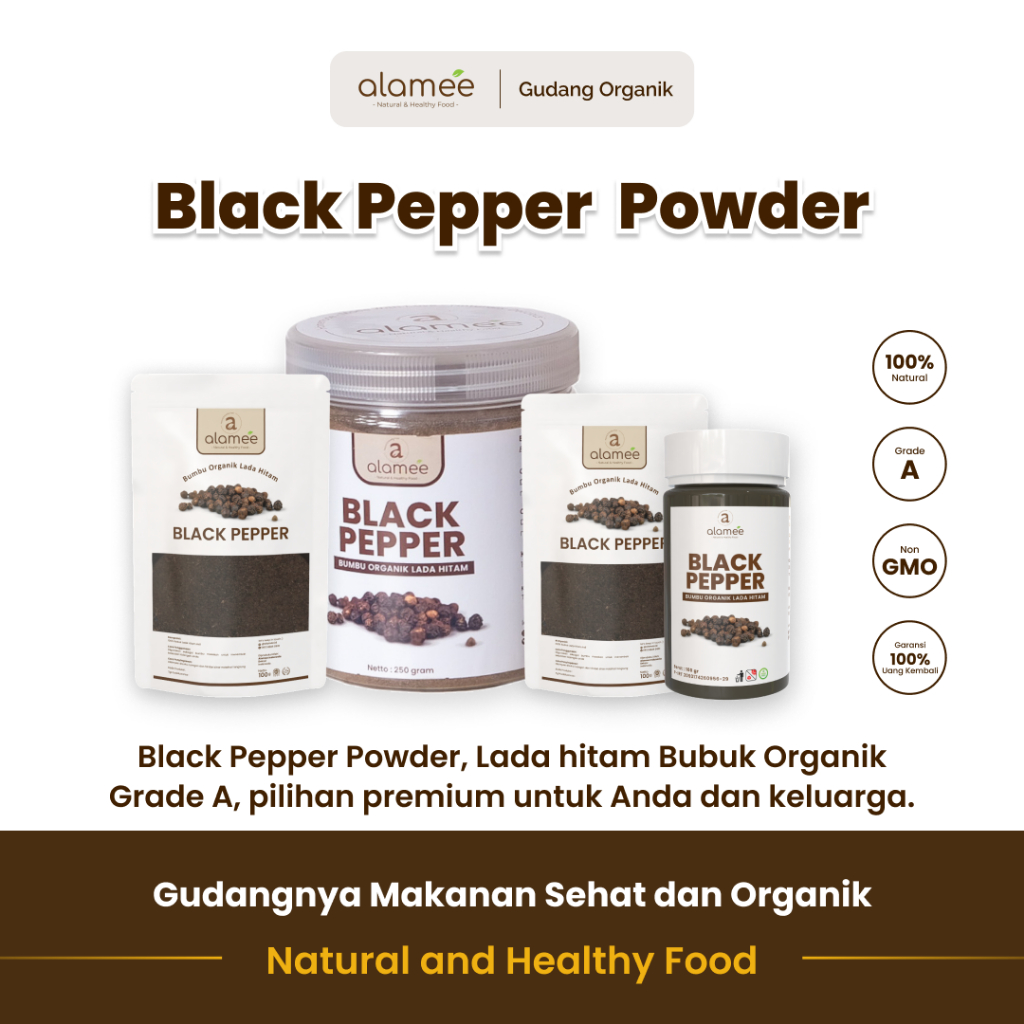 

alamee bumbu organik lada hitam tanpa tambahan bahan menawarkan rasa pedas alami dan antioksidan
