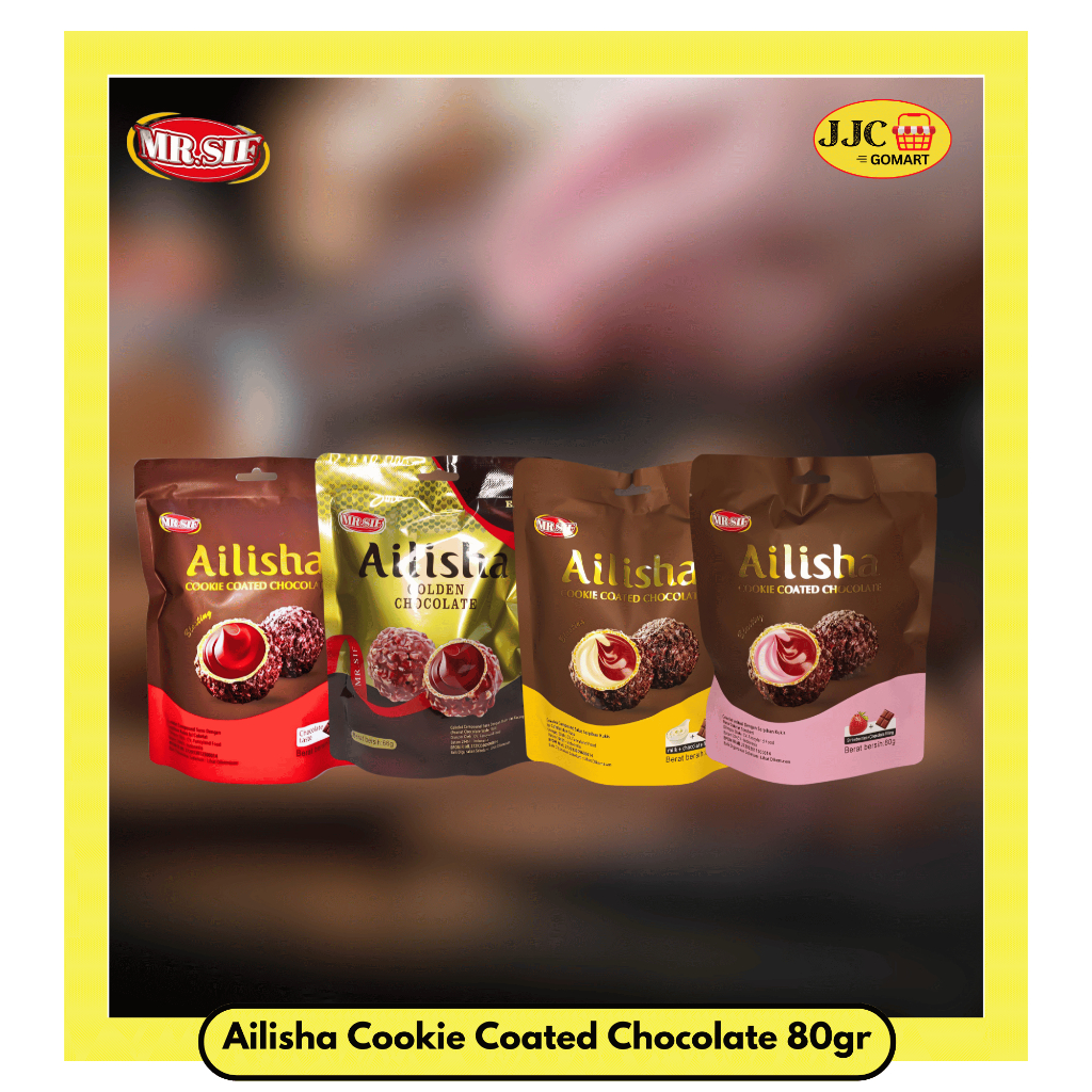 

Ailisha Cookie Coated Chocolate 80gr | Milk 80gr | Strawberry 80gr | Chocolate 80gr | Golden Choco 66gr