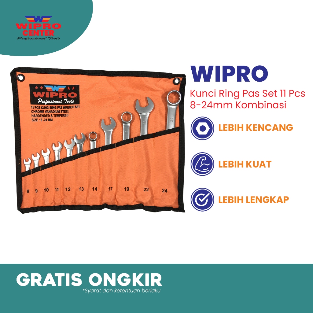 Kunci Ring Pas SET 11pcs 8-24mm WIPRO / Kunci Ring Pas 11 pcs Set 8-24 mm - Combination Wrench Set W