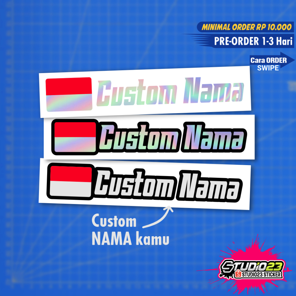 

Stiker Custom Nama bendera Indonesia Cutting Sticker Hologram