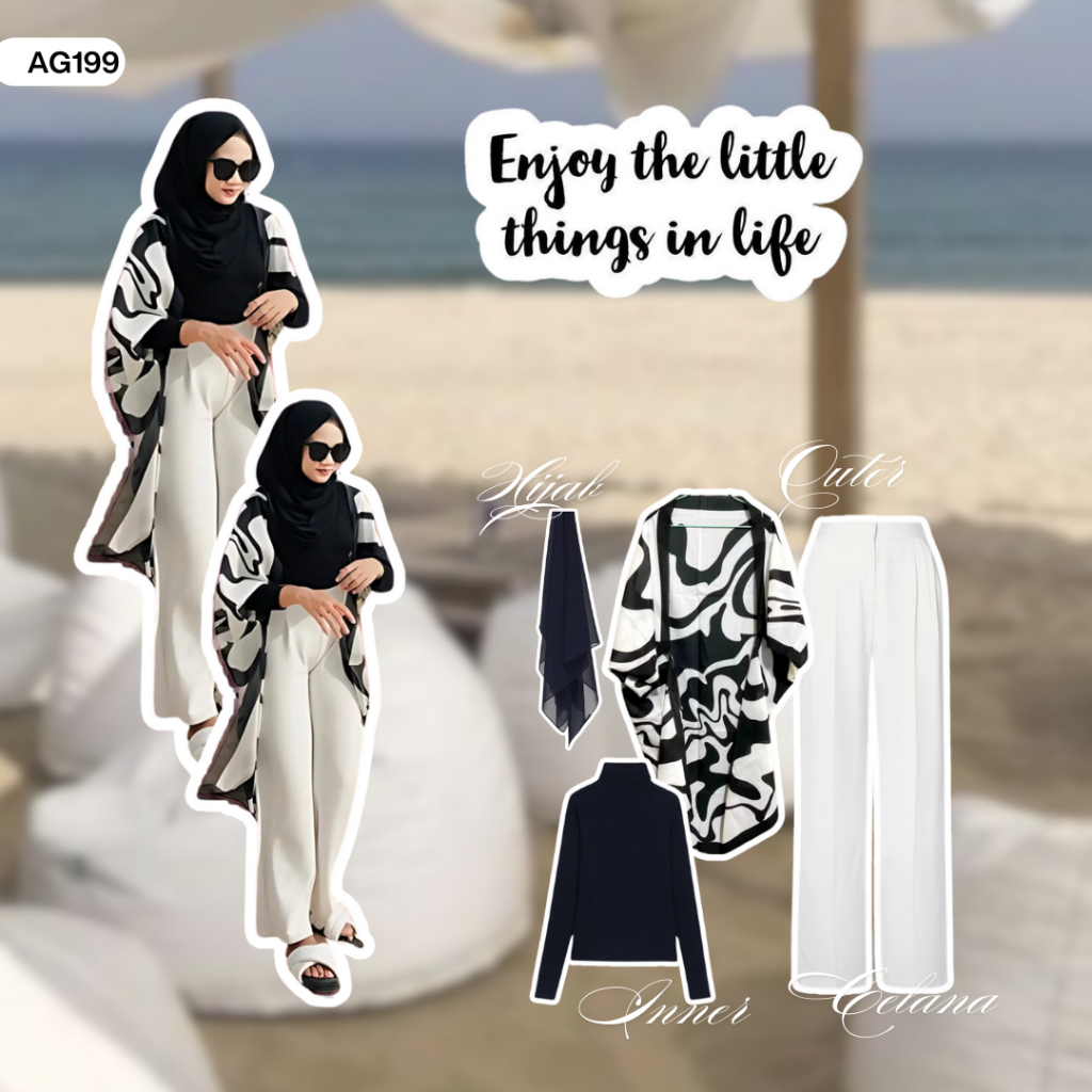 OOTD Pantai Cheek OOTD Korean Style Outfit Set 4in1 Outfit Pantai Outer + Celana + Inner + Hijab Out