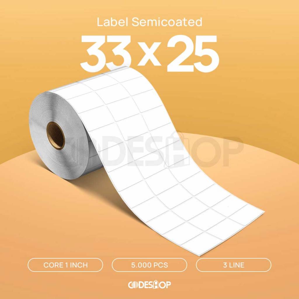 

Label Stiker Semicoated 33x25 mm Codeshop 3 Line isi 5000 Pcs Semicoat Print Barcode Barang