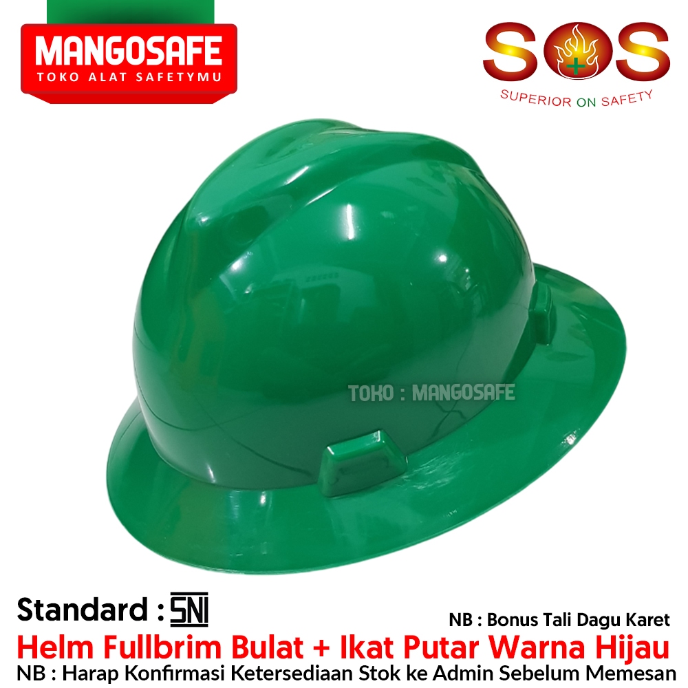 Helm Safety Proyek Full Brim Hijau merek SOS + ikat Kepala Putar  + Tali Dagu Karet / Helm Proyek Bu