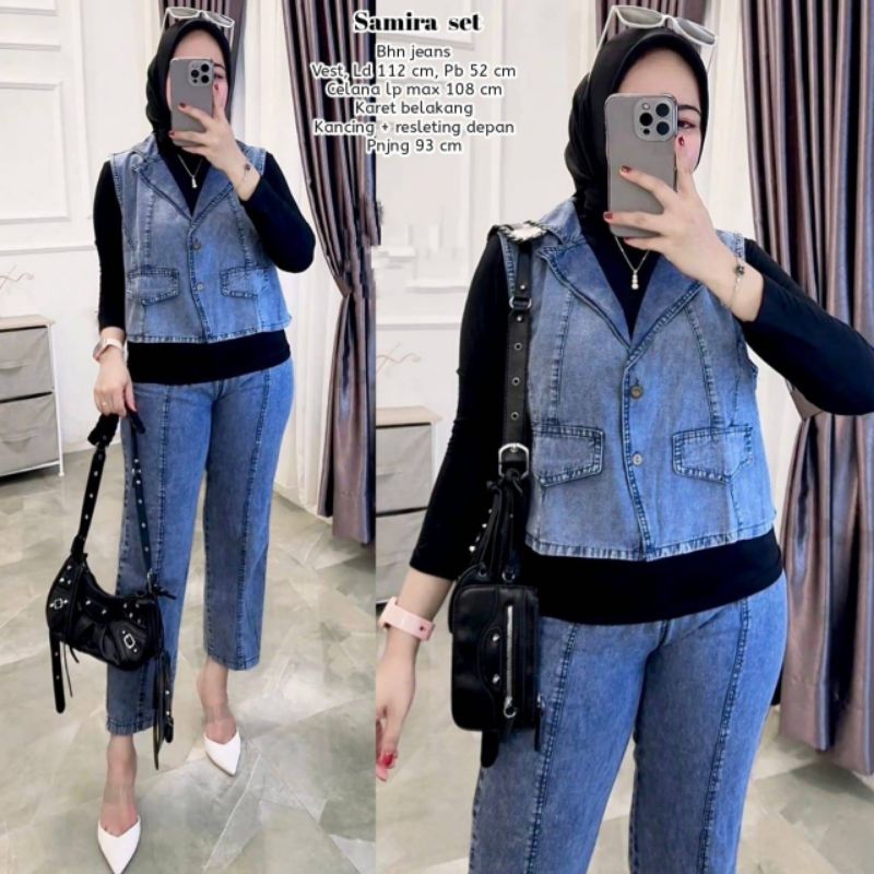Baju Setelan Wanita Muslim Samira Set Celana Jeans Atasan Vest Rompi Polos Cantik Fashion Perempuan 