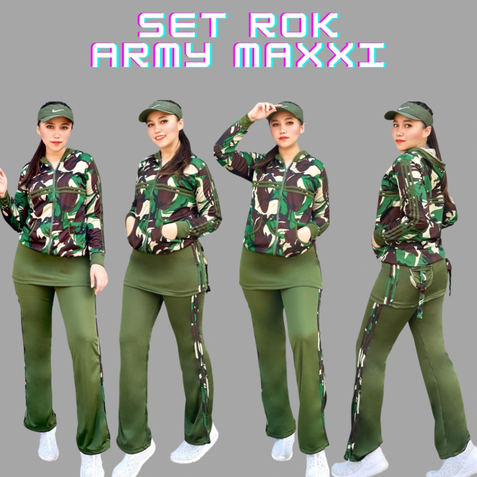 KODE T75W Setelan Baju Senam Baju Aerobic Baju Zumba Olahraga Panjang Muslim Army Rok Hijau
