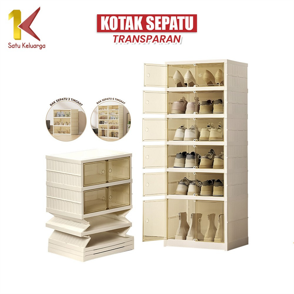 Satu Keluarga Kotak Sepatu Susun Lipat Transparan C1080 Anti Debu Rak Serbaguna / Lemari Sepatu 6 Ti