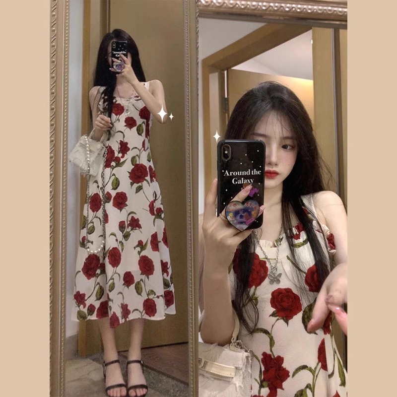 Maxi Dress Pantai Wanita Desain Bunga Gaun Panjang Merah Putih Kasual