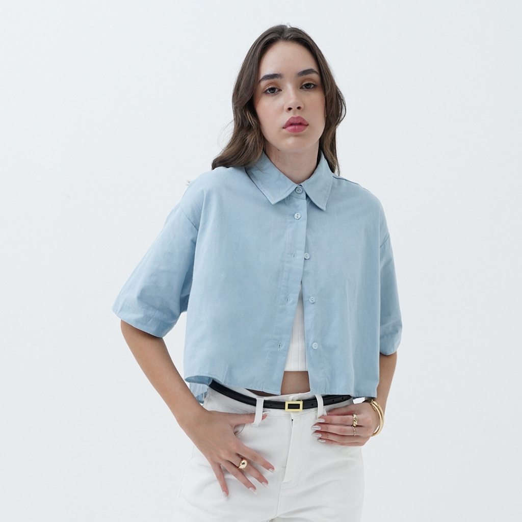 Mississippi Crop Top Linen Shirt Kemeja Wanita Lengan Pendek LIN000518M Biru