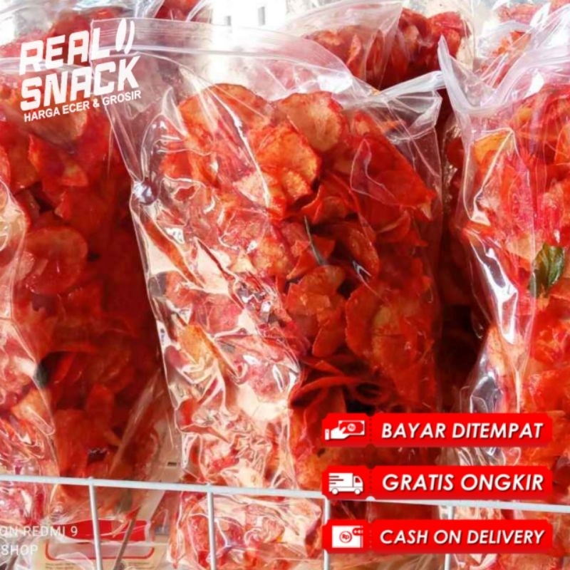 

Keripik Singkong Pedas Manis Bumbu basah Lengket Kemasan 1kg Kripik singkong pedas manis gurih