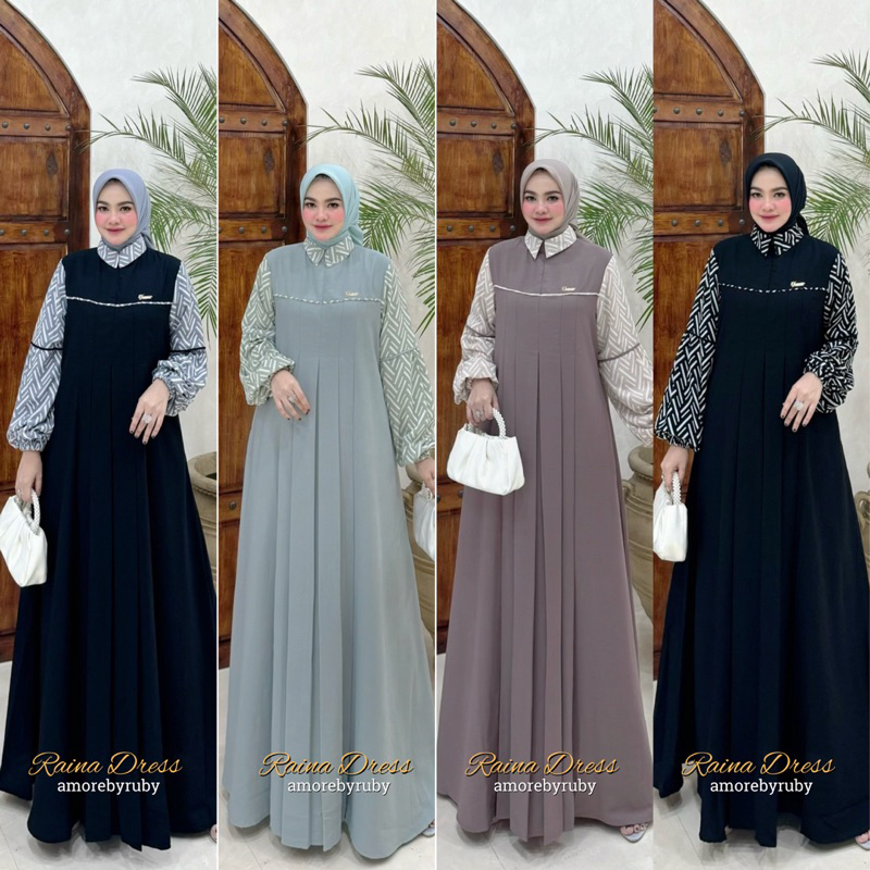 RAINA DRESS AMORE BY RUBY GAMIS PREMIUM MOTIF GARIS BAHAN CERUTI MIX CREPE BUSUI FRIENDLY WUDHUABLE 