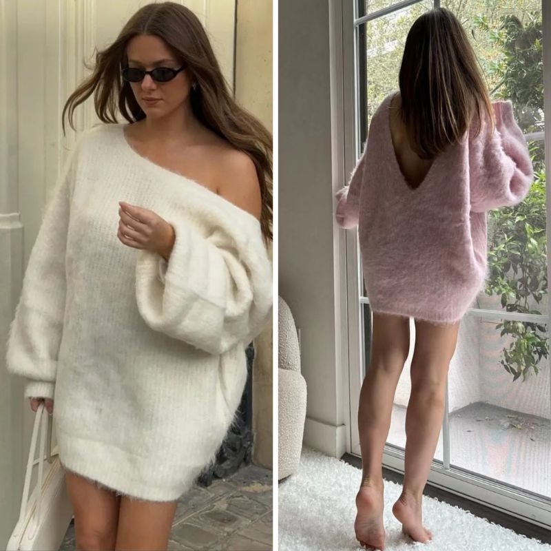 Bhusana Castle 76241 winter women oversize lace up backless sweater dress / dress rajut wanita