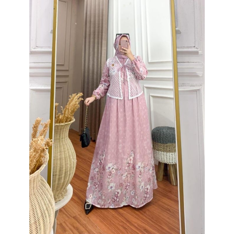 YURA DRESS Set Hijab Gamis Dewasa Ceruty Mix Brokat rompi Korean Style Terbaru