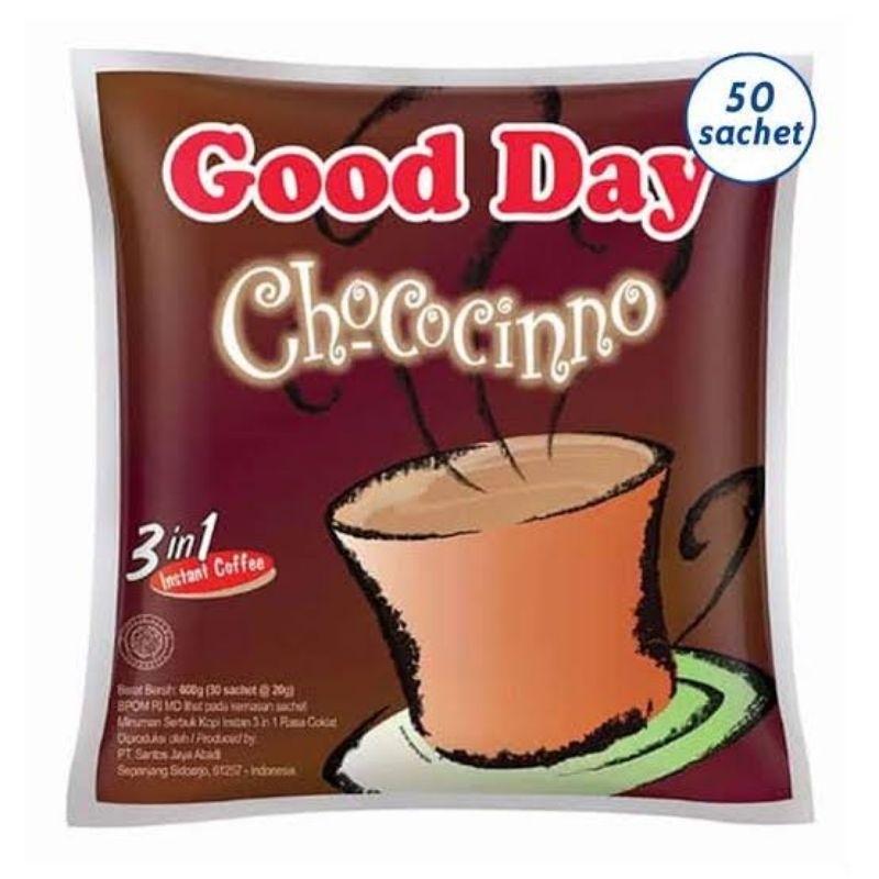

KOPI GOOD DAY CHOCOCINNO 1 PACK ISI 50 SACHET ALL VARIAN STOCK BARU EXPIRED LAMA
