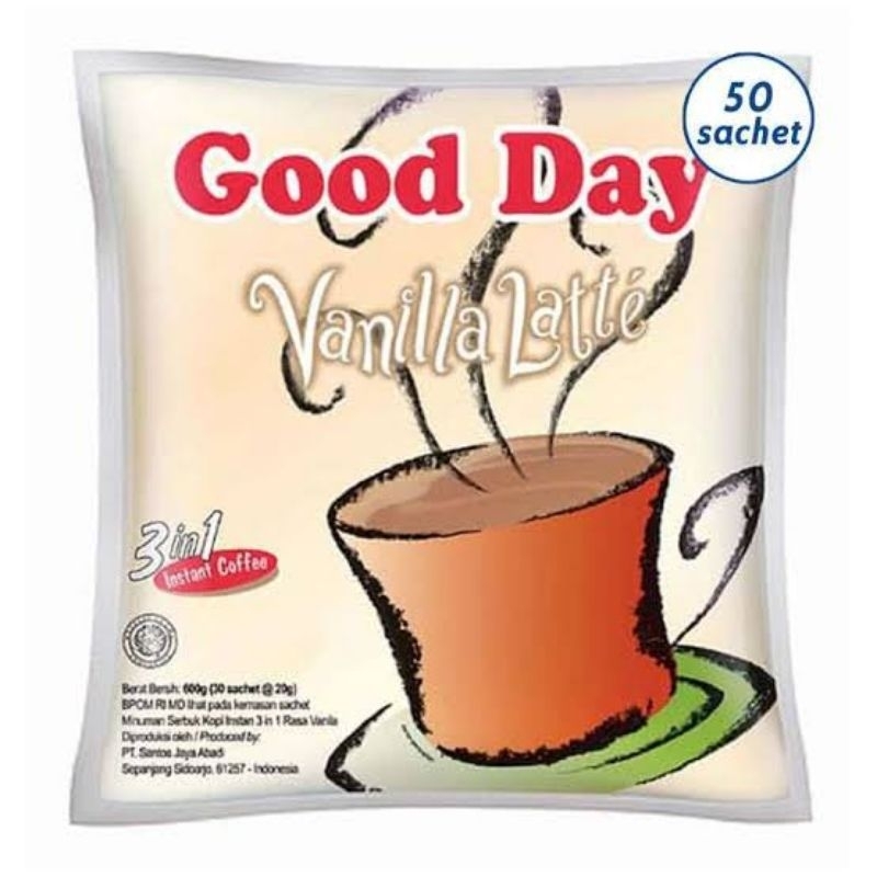 

KOPI GOOD DAY VANILLA LATE 1 PACK ISI 50 SACHET ALL VARIAN STOCK BARU EXPIRED LAMA