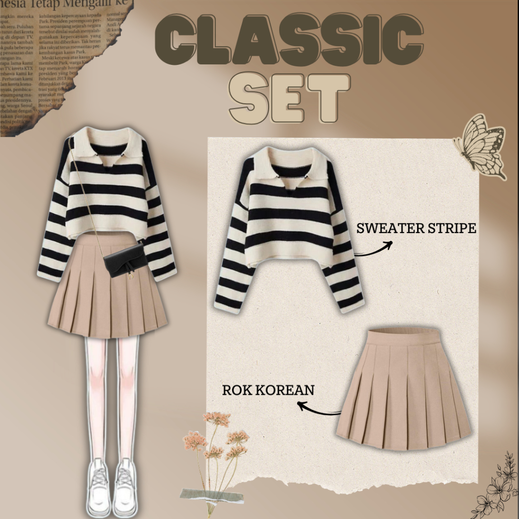 Classic Set Dengan Perpaduan (Sweater Stripe Dan Rok Mini) Inspo OOTD Selebgram Korean Style -BZ16