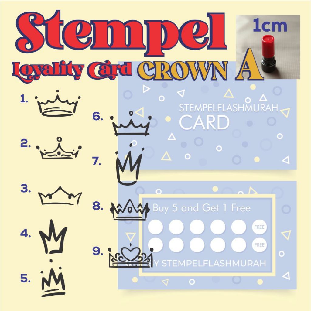 

stempel promo crown A 1cm custom stamp kartu nama toko member desain mahkota raja king shop tinta flash otomatis murah stempelflashmurah