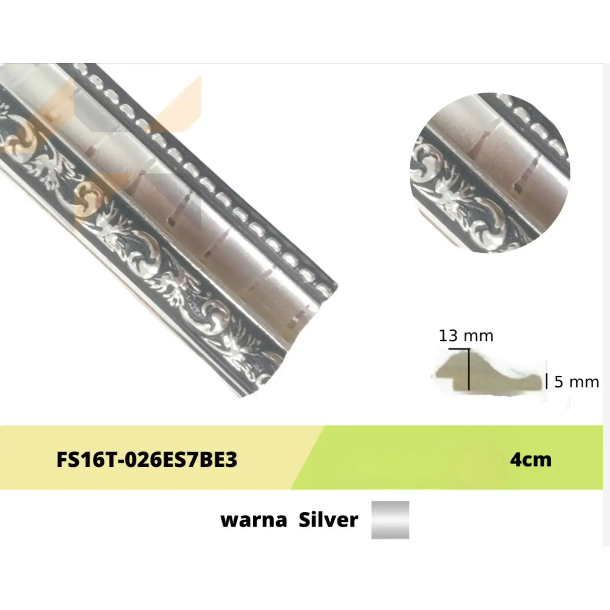 Lis plafon PVC / Lis Plafon Pigura Motiv + Warna Silver / P 2M x L 4 Cm 1'batang