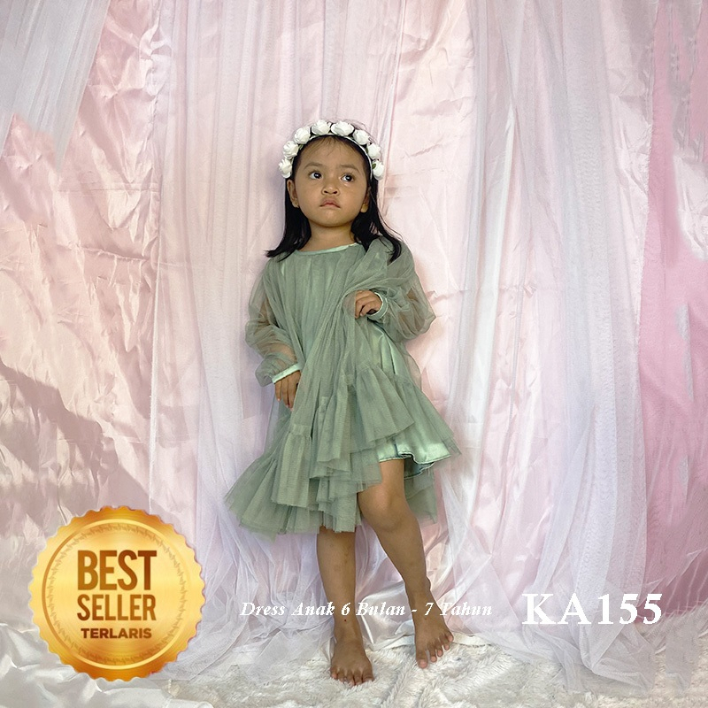 Sage Green Dress Anak Perempuan 3 4 Tahun Gaun Tutu Mekar Baju Hijau Pastel Outfit Terkini KA155