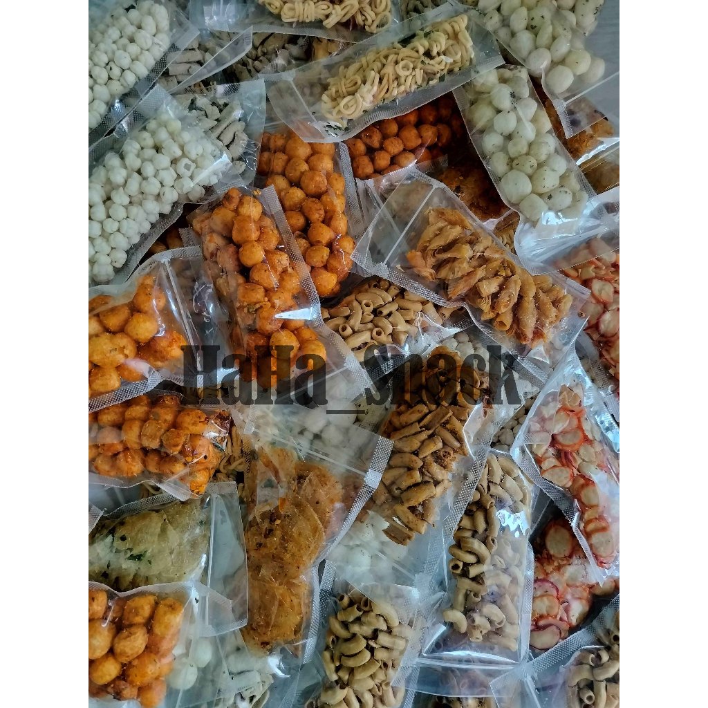 

PAKET USAHA HEMAT CAMPUR MAKARONI KERIPIK KACA LUMRING BASRENG PILUS CIKUR/KENCUR DLL... KEMASAN -+60g