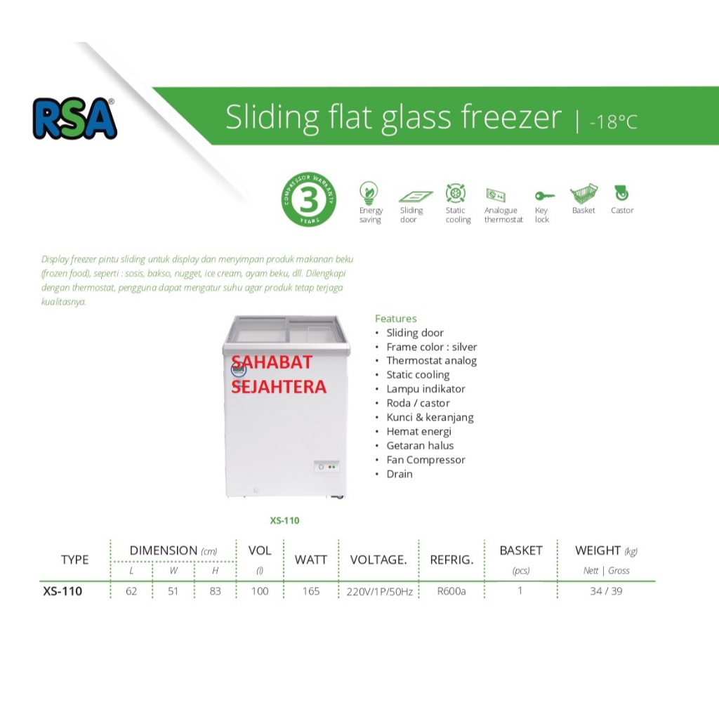 RSA Sliding Flat Glass Freezer XS-110 Freezer Sliding Kaca