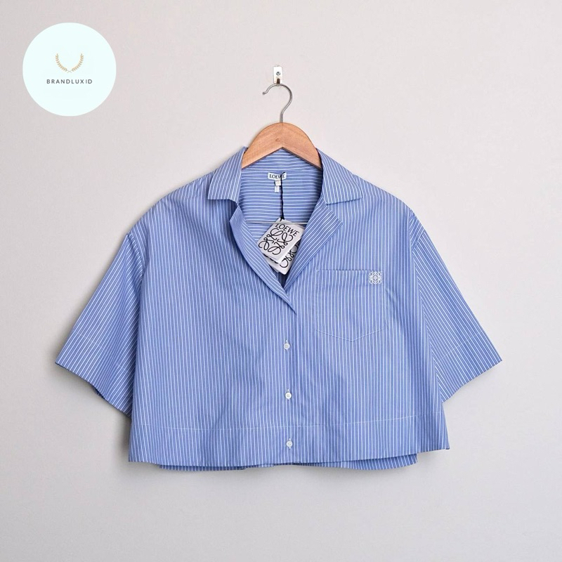 Loewe Womens Shirt Crop Oversized Stripe with Small Anagram in White / Blue
