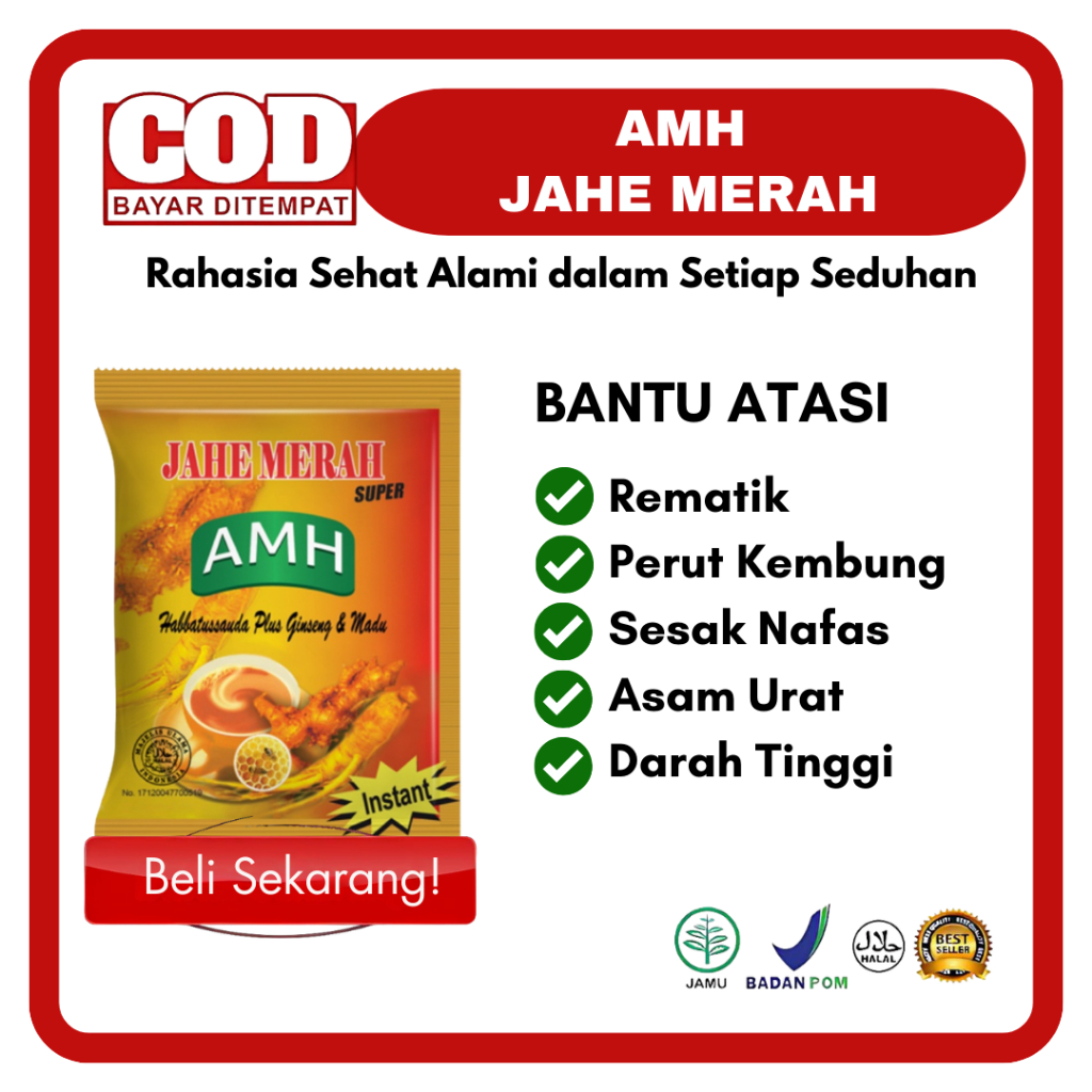 

AMH Jahe Merah Super Amanah Per Pcs | Jahe Merah + Habbatussauda, Ginseng dan Madu | Sashet