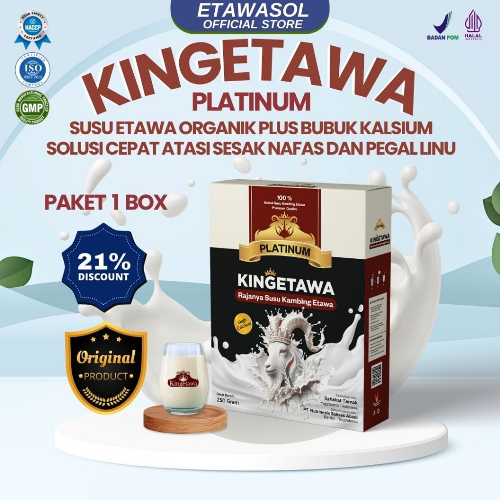 

Kingetawa Susu Kambing Etawa Tinggi Kalsium Untuk Masalah Tulang dan Persendian Kemasan 250gr Paket 1 Box