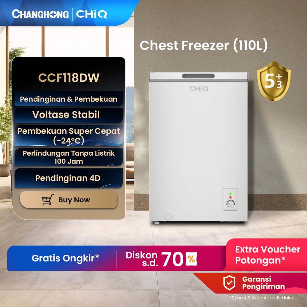 CHiQ Chest freezer ccf 118dw Kapasitas 110 Liter (Fast Freezing) (Design Look Minimalis) ( Big Capac