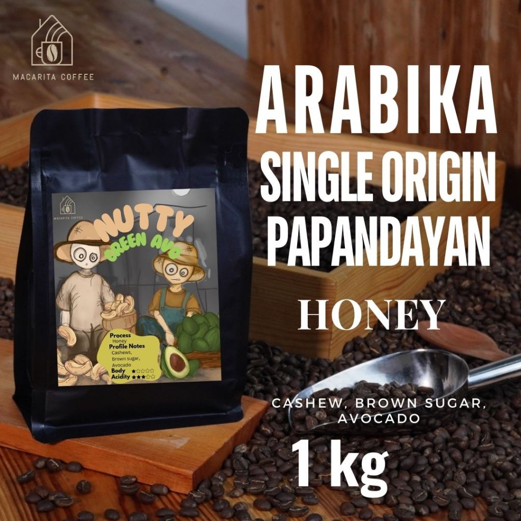 

Macarita Nutty Green Avo Kopi Arabika Papandayan Honey Arabika Single Origin Roasted Coffee Bean Grade 1 Premium 1kg