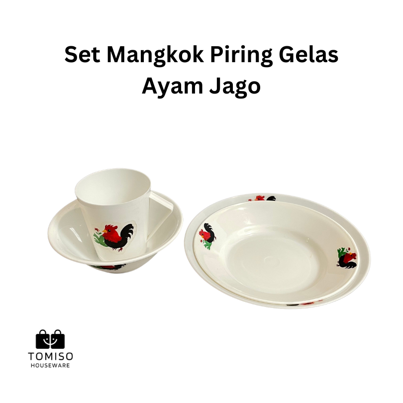 Grosir [Set 4 Pcs] Gelas, Piring, Mangkok Ayam Jago Paket Alat Makan Serba Ayam Jago